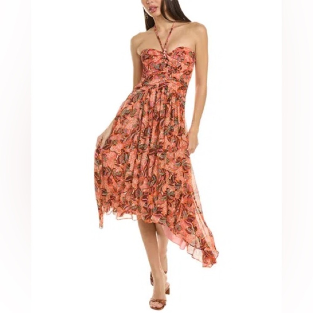 A.L.C. Coral-Pink Floral Halter Strapless Midi Dress